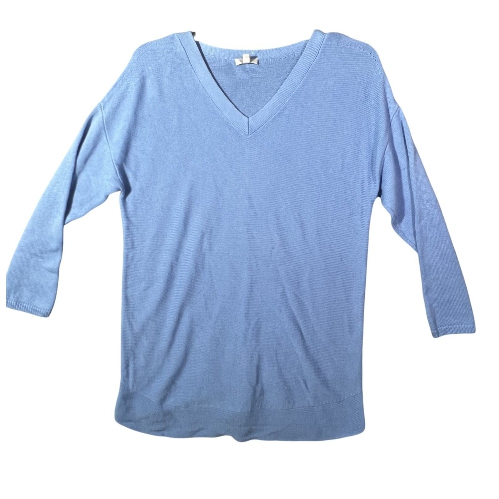Talbots Women's Large L Blue V-Neck 3/4 Sleeve Ribbed Knit Cotton Blend Sweater